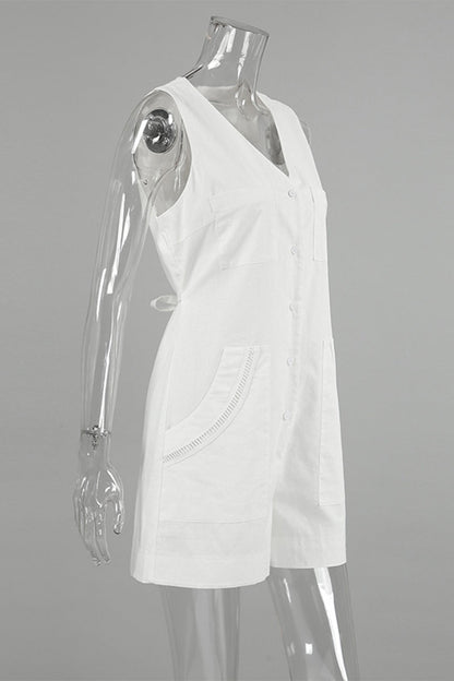 Daily Color Pocket Buttons V Neck Loose Rompers