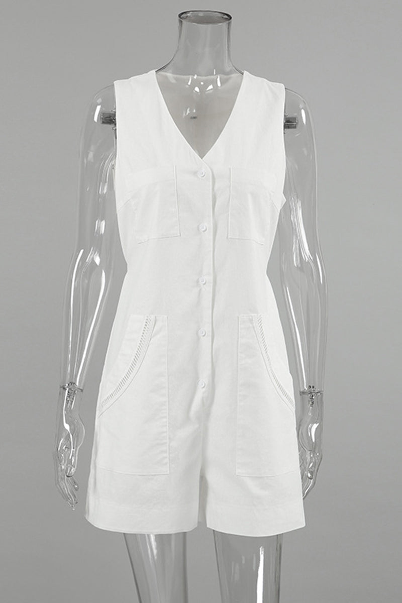 Daily Color Pocket Buttons V Neck Loose Rompers