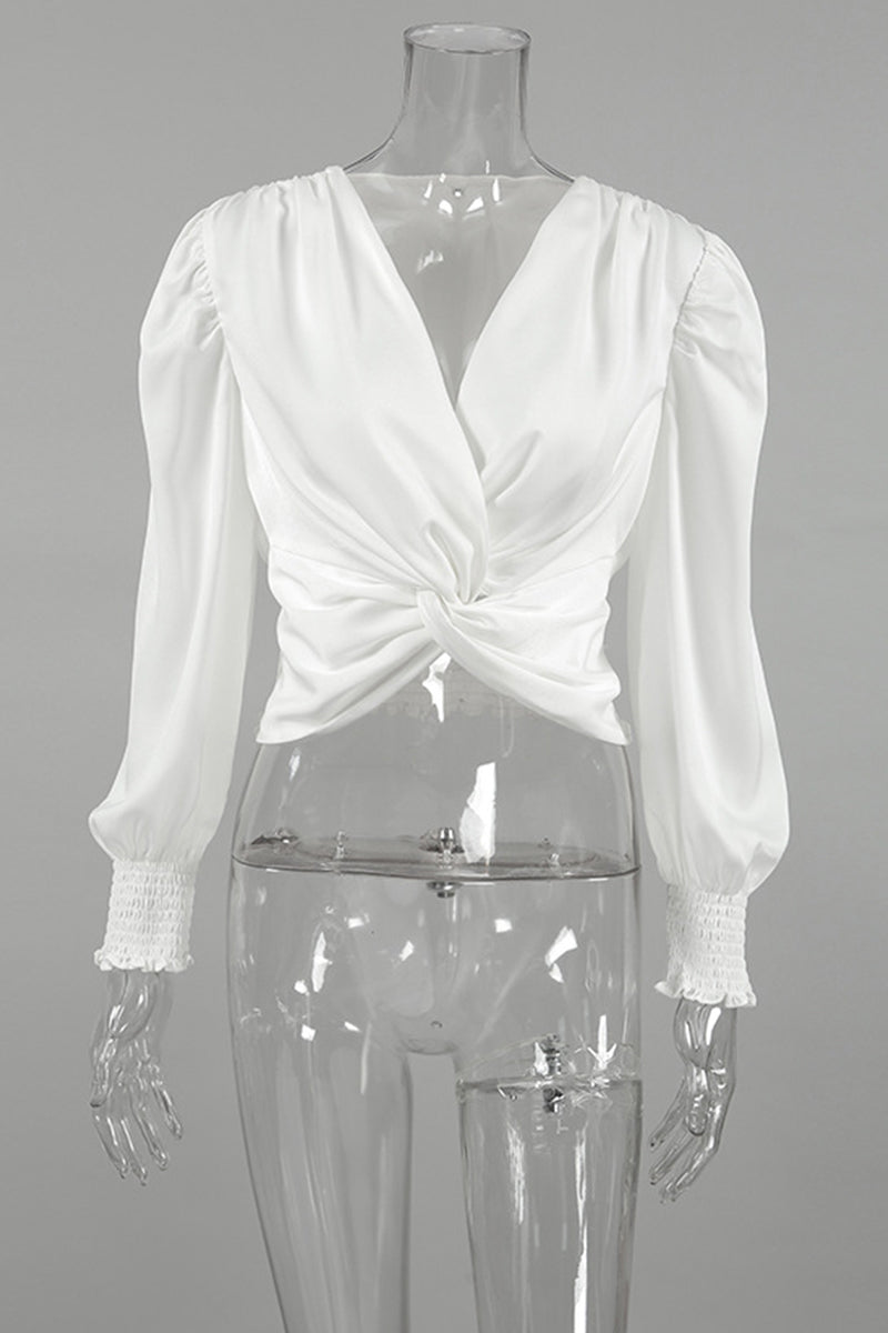 Color Ruched V Neck Blouses
