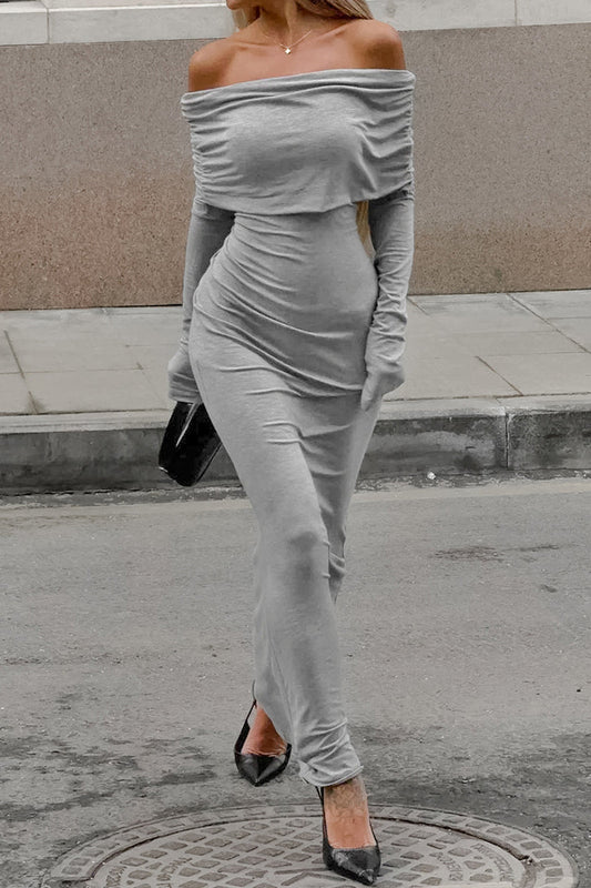 Street Color Ruched Off Shoulder One Step Skirt Dresses