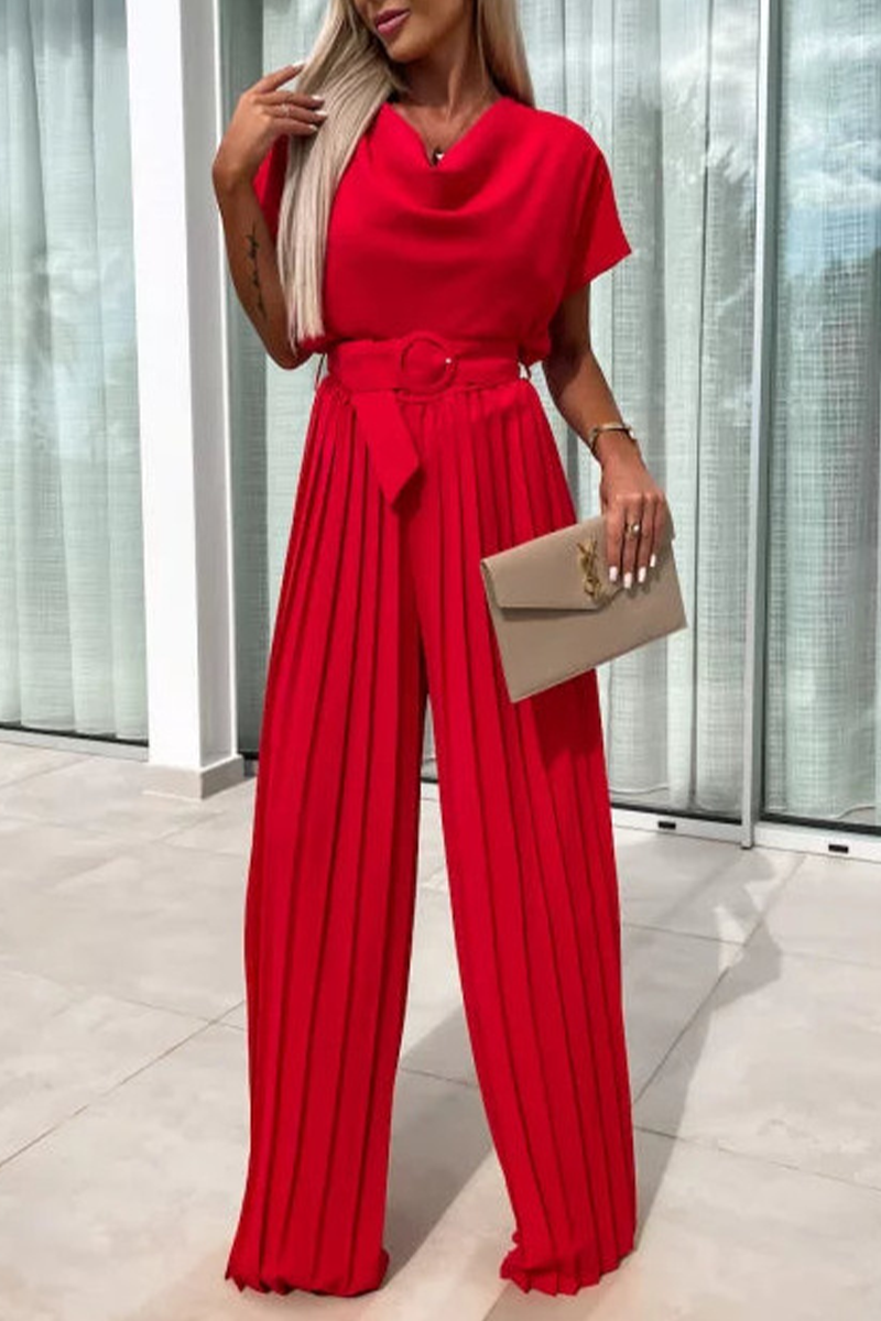 Color With Belt Pleated Pile Heap Collar Loose Jumpsuits(3 Colors)