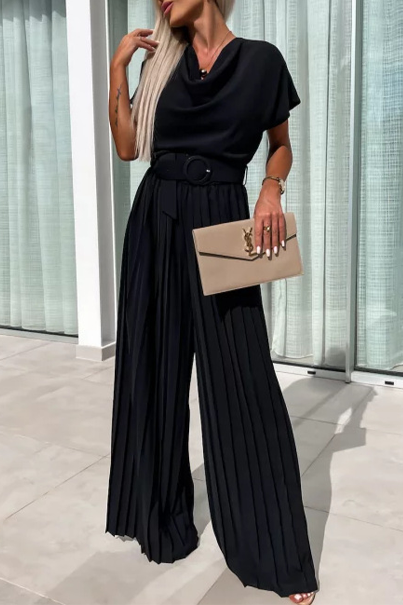 Color With Belt Pleated Pile Heap Collar Loose Jumpsuits(3 Colors)