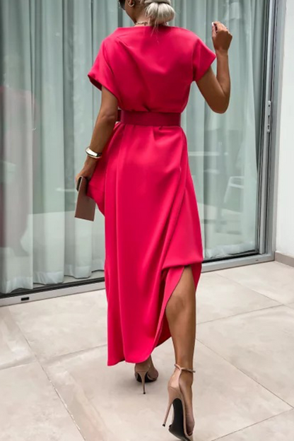 Street Without Belt Irregular Pile Heap Collar One Step Skirt Short Sleeve Dress(no Belt)(4 Colors)