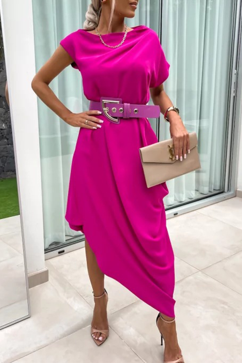 Street Without Belt Irregular Pile Heap Collar One Step Skirt Short Sleeve Dress(no Belt)(4 Colors)