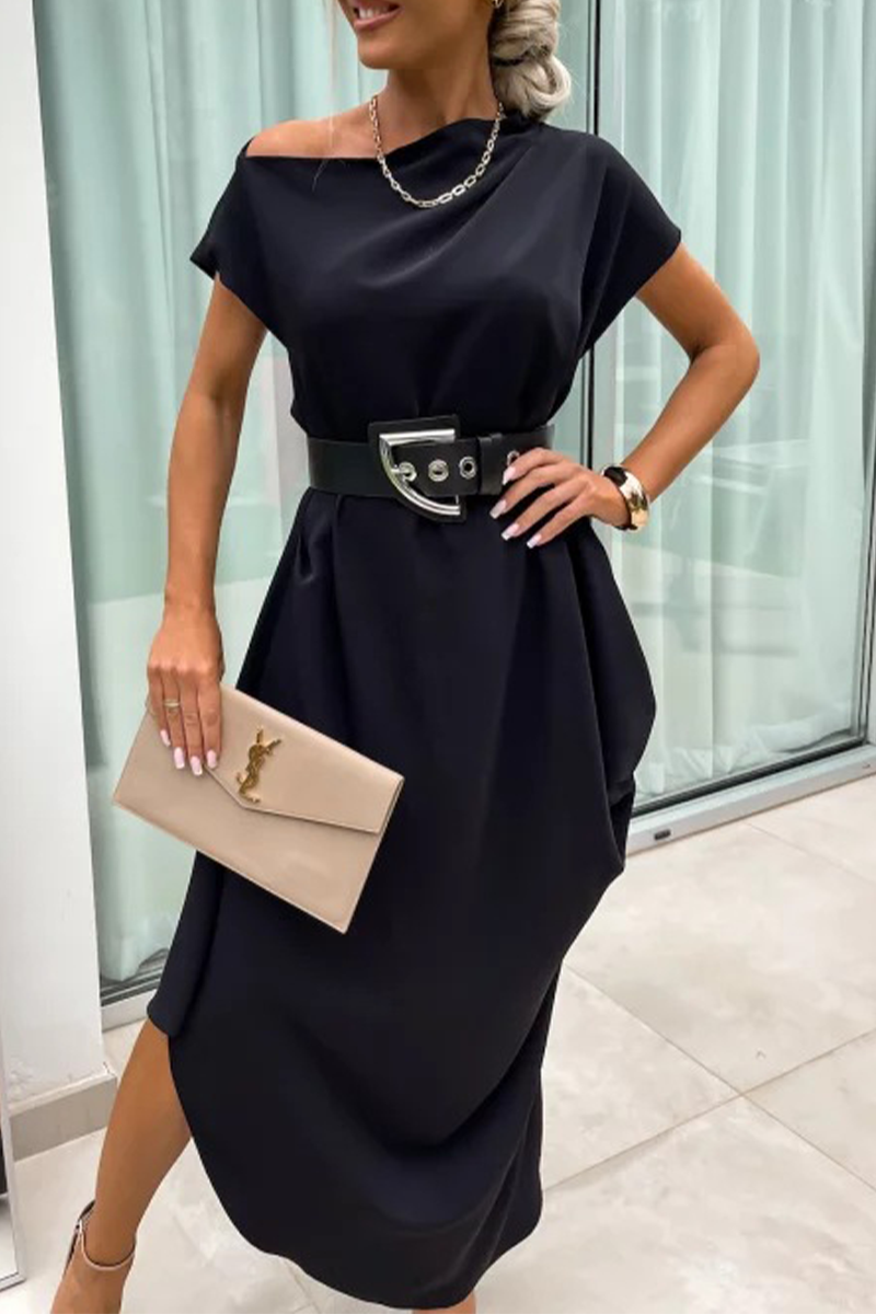 Street Without Belt Irregular Pile Heap Collar One Step Skirt Short Sleeve Dress(no Belt)(4 Colors)