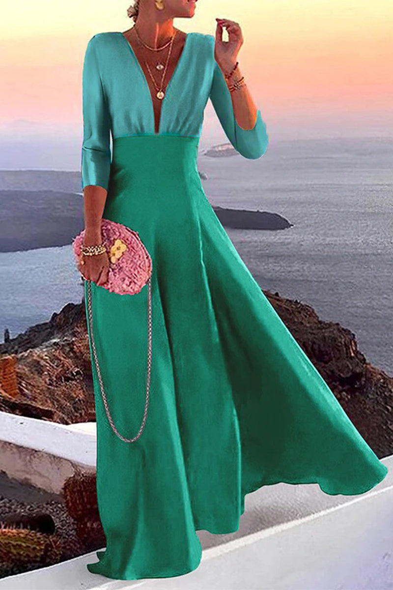 Vacation Print Patchwork V Neck One Step Skirt Dresses(3 Colors)