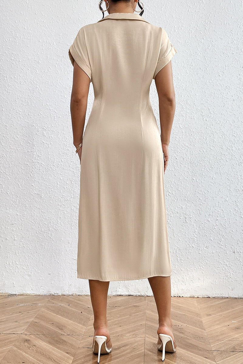 Daily Buttons Ruched Irregular V Neck Waist Skirt Short Sleeve Dress