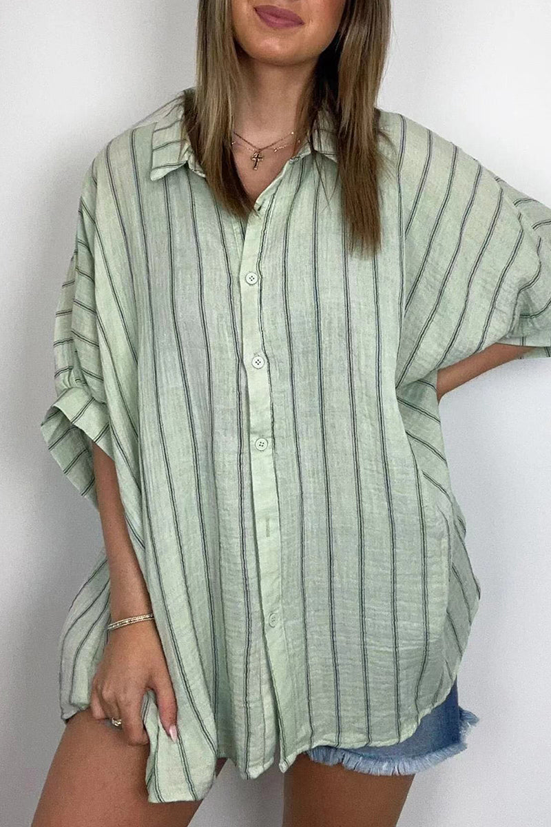 Daily Stripe Buttons Turndown Collar Blouses(8 Colors)