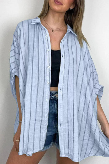Daily Stripe Buttons Turndown Collar Blouses(8 Colors)