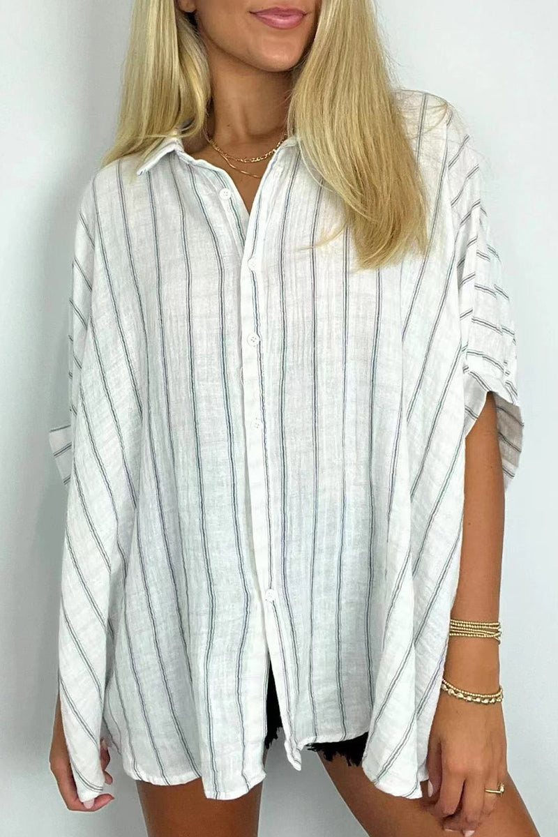 Daily Stripe Buttons Turndown Collar Blouses(8 Colors)