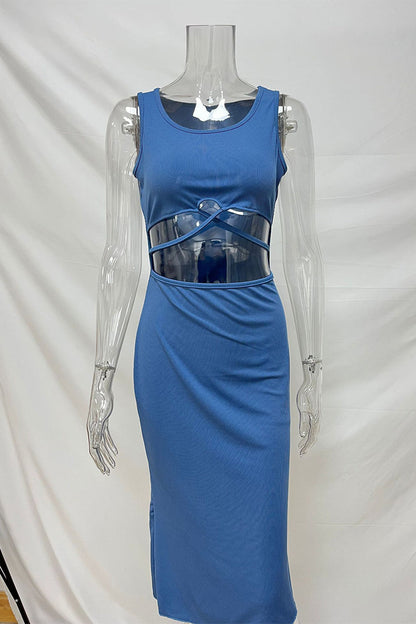 Color Hollow Out U Neck Wrapped Skirt Dresses(4 Colors)