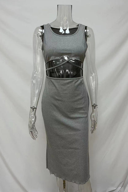 Color Hollow Out U Neck Wrapped Skirt Dresses(4 Colors)