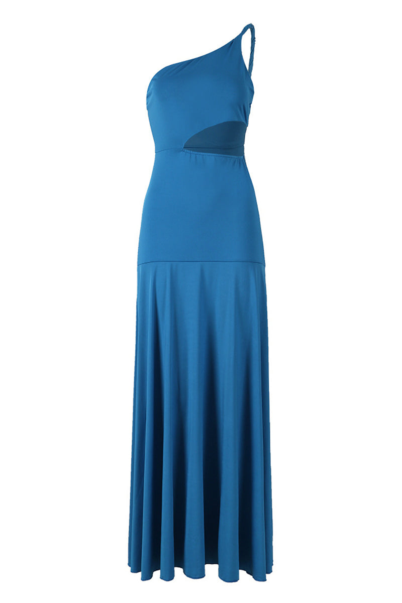 Vacation Hollow Out Backless Oblique Collar Long Dresses