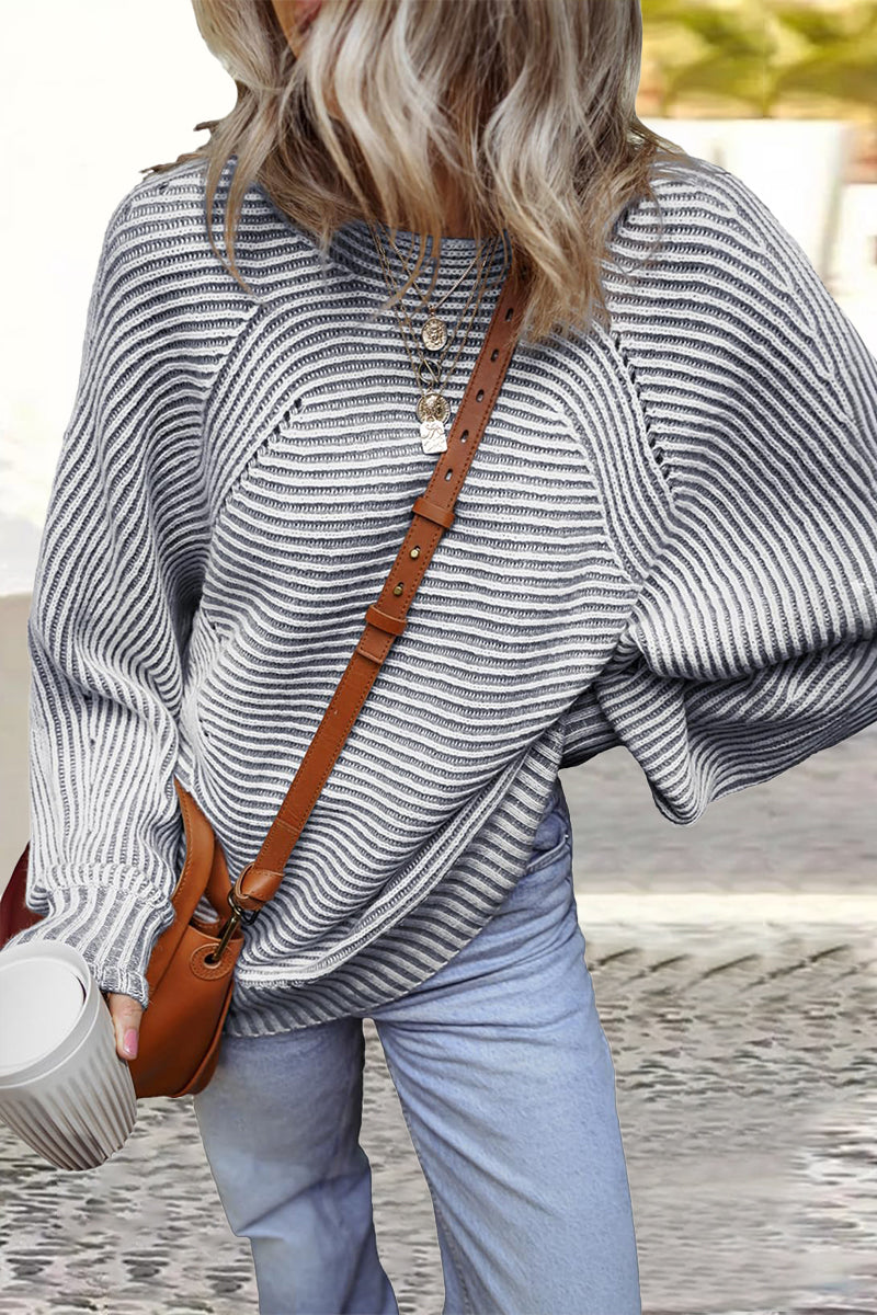 Daily Stripe Texture Contrast O Neck Sweaters(6 Colors)