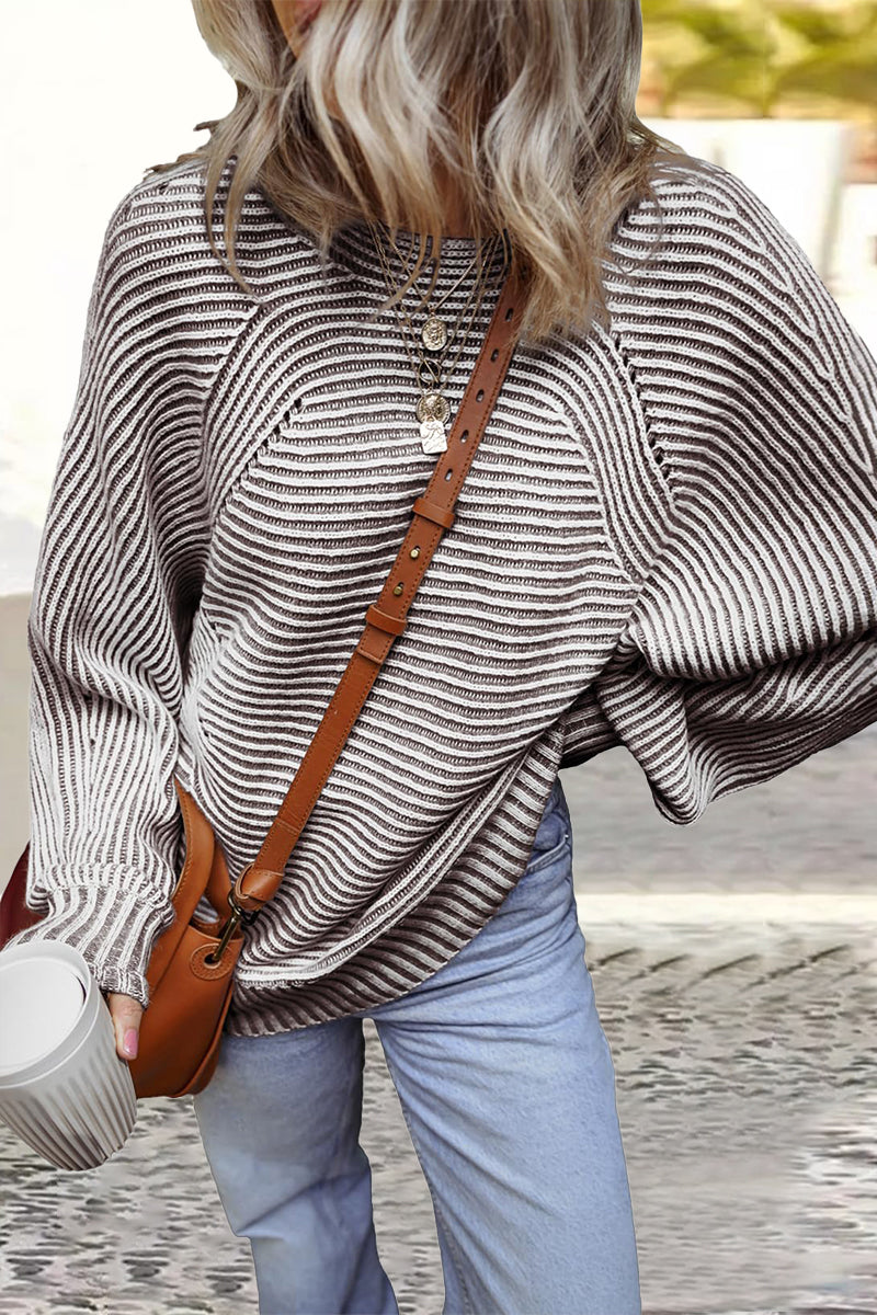 Daily Stripe Texture Contrast O Neck Sweaters(6 Colors)