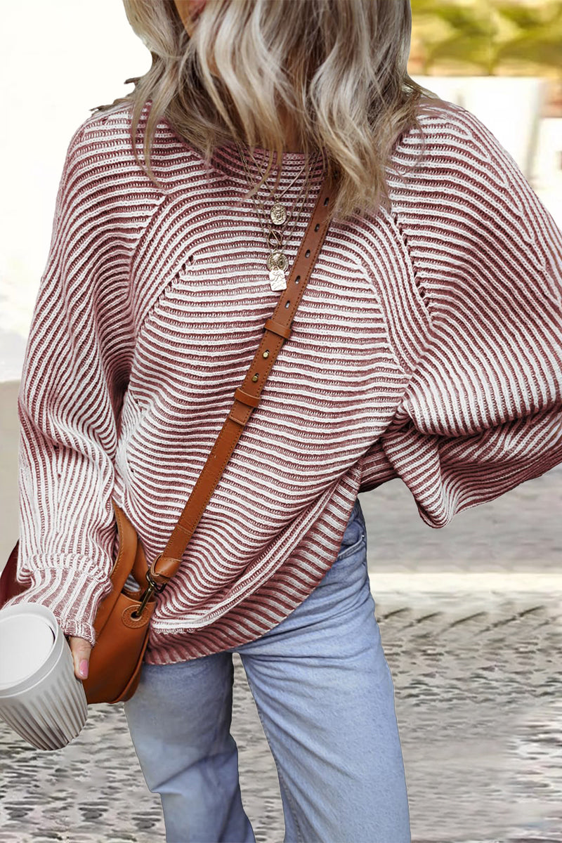 Daily Stripe Texture Contrast O Neck Sweaters(6 Colors)
