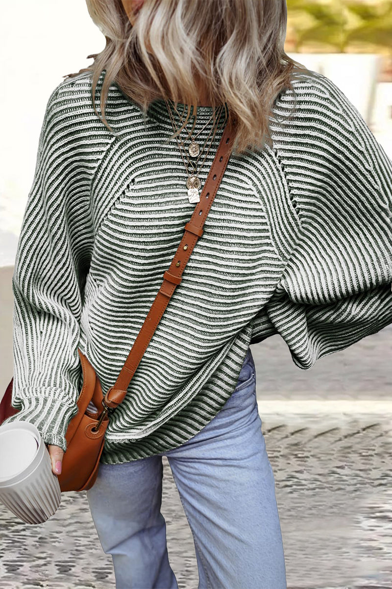 Daily Stripe Texture Contrast O Neck Sweaters(6 Colors)