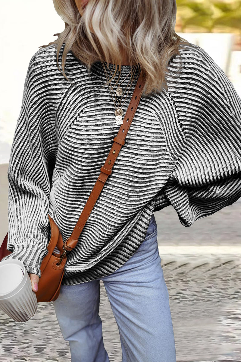 Daily Stripe Texture Contrast O Neck Sweaters(6 Colors)