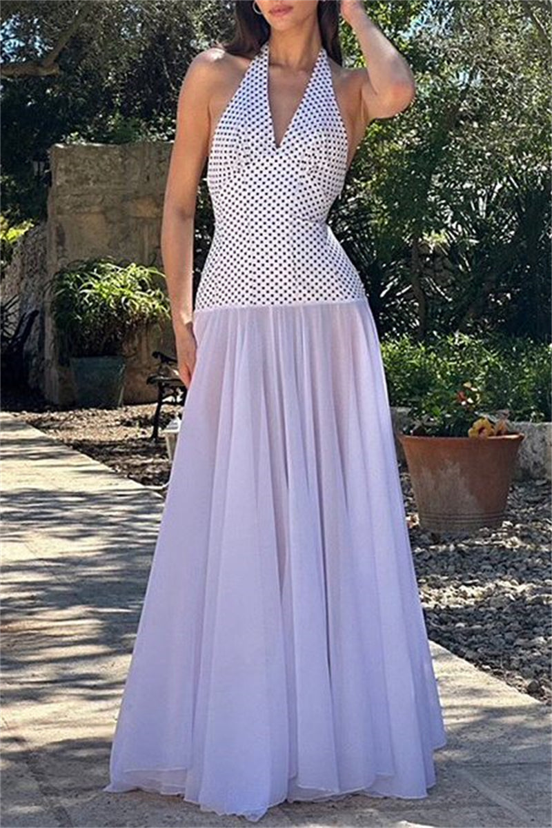 Print Backless Belted Halter Long Dresses