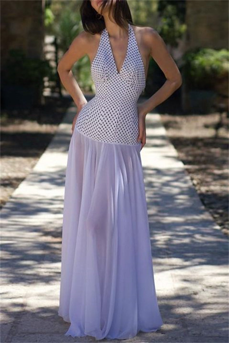 Print Backless Belted Halter Long Dresses