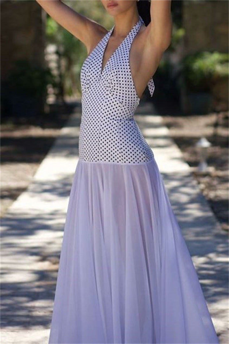 Print Backless Belted Halter Long Dresses