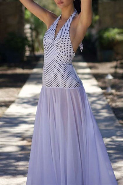 Print Backless Belted Halter Long Dresses