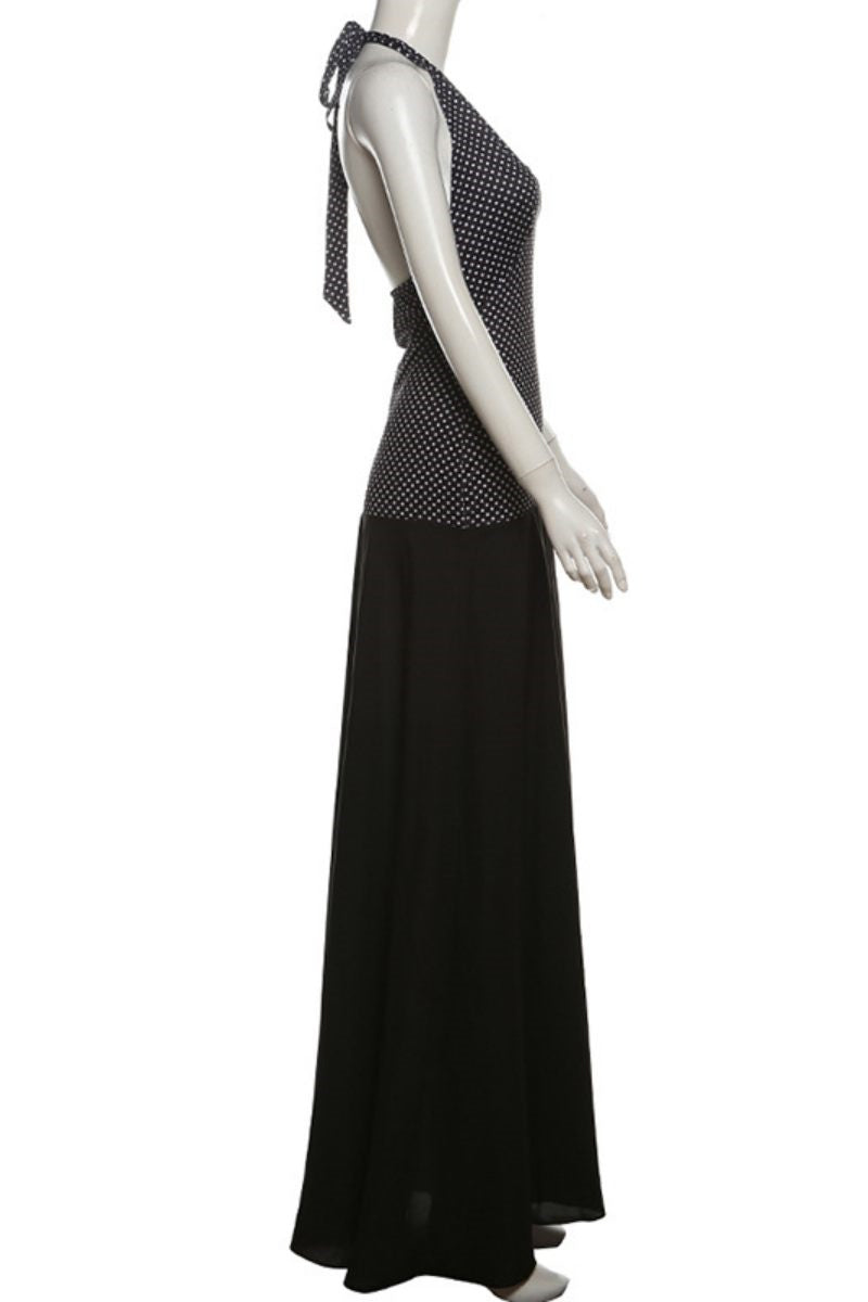 Print Backless Belted Halter Long Dresses