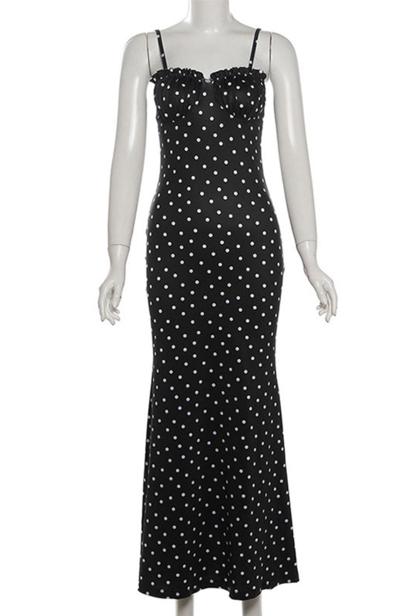 Polka Dot Print Backless Spaghetti Strap Long Dresses