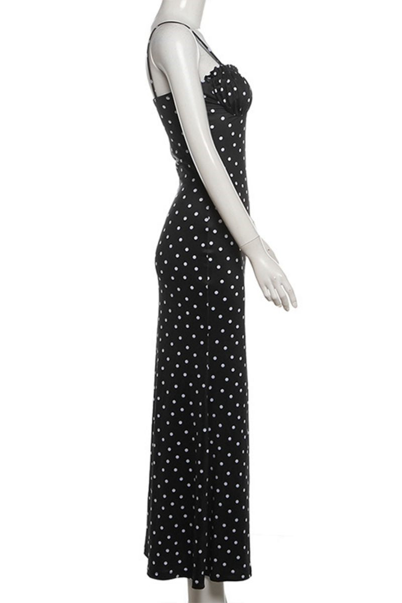 Polka Dot Print Backless Spaghetti Strap Long Dresses