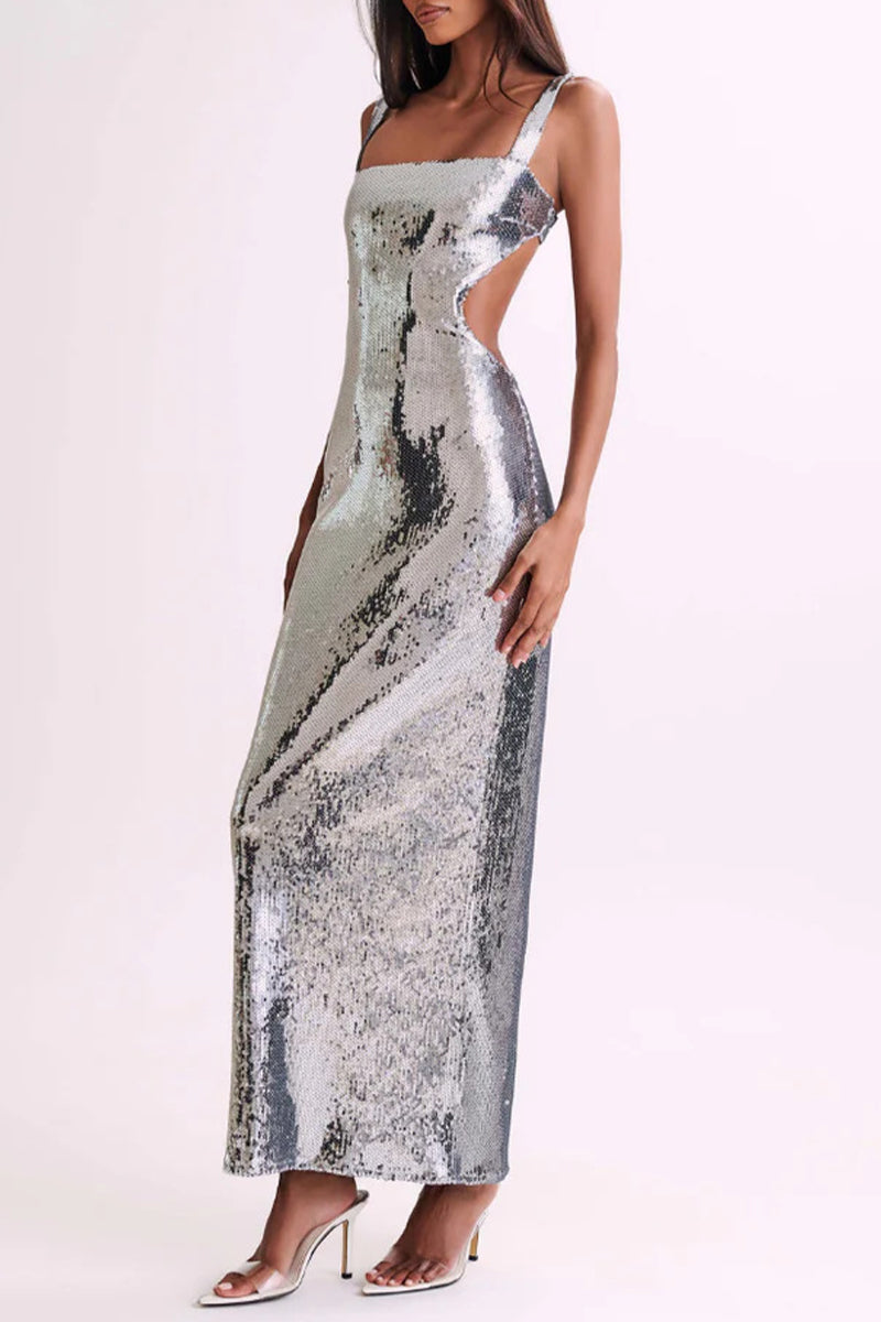 Party Sequins Backless Square Neck One Step Skirt Dresses