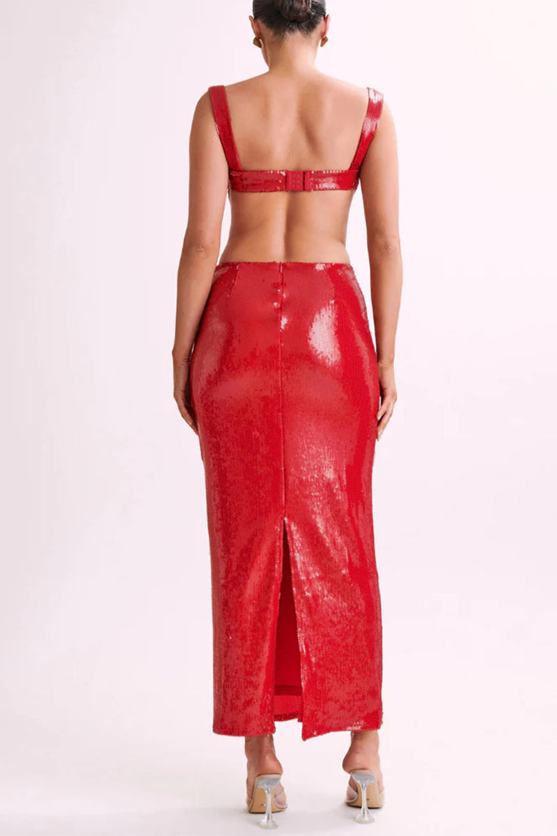 Party Sequins Backless Square Neck One Step Skirt Dresses
