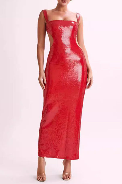 Party Sequins Backless Square Neck One Step Skirt Dresses