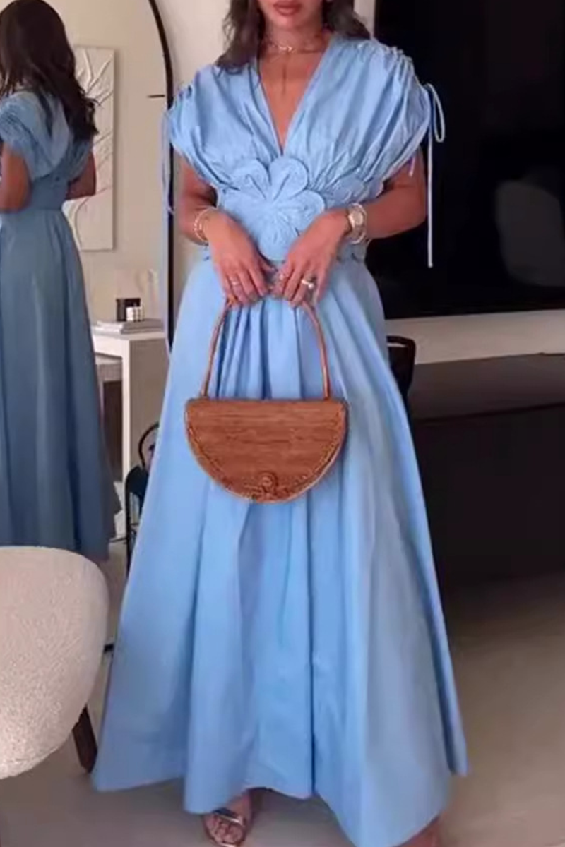 Color Draw String Flower Shape V Neck Waist Skirt Dresses