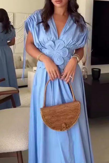 Color Draw String Flower Shape V Neck Waist Skirt Dresses