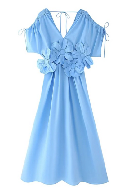 Color Draw String Flower Shape V Neck Waist Skirt Dresses
