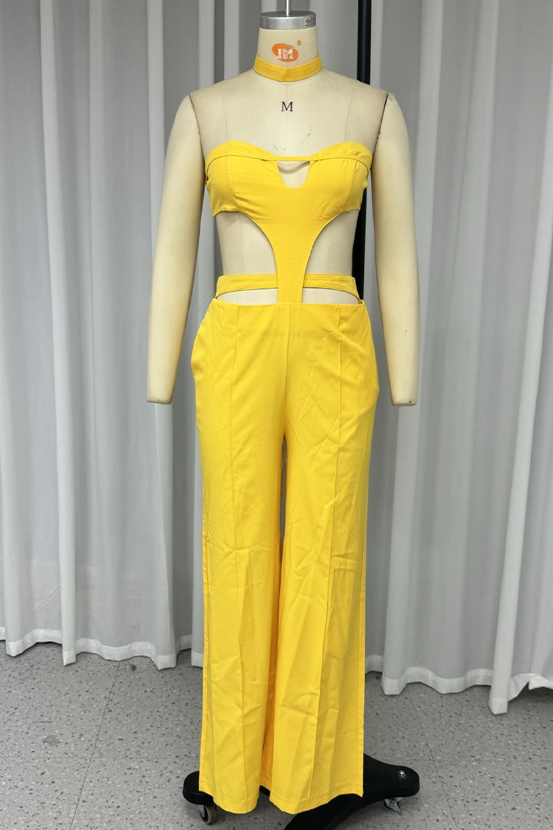Daily Color Hollow Out Pocket Strapless Skinny Jumpsuits