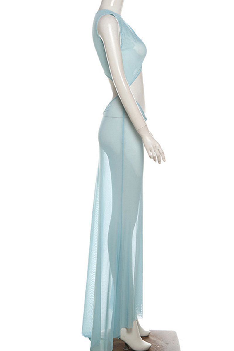 Color Hollow Out Patchwork O Neck Long Dresses
