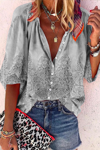 Daily Striped Print Buttons Contrast V Neck Blouses(8 Colors)