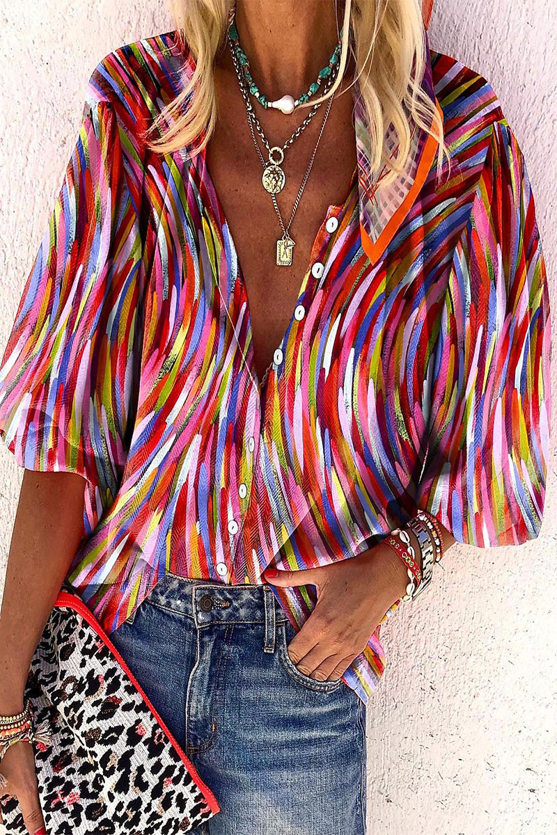 Daily Striped Print Buttons Contrast V Neck Blouses(8 Colors)