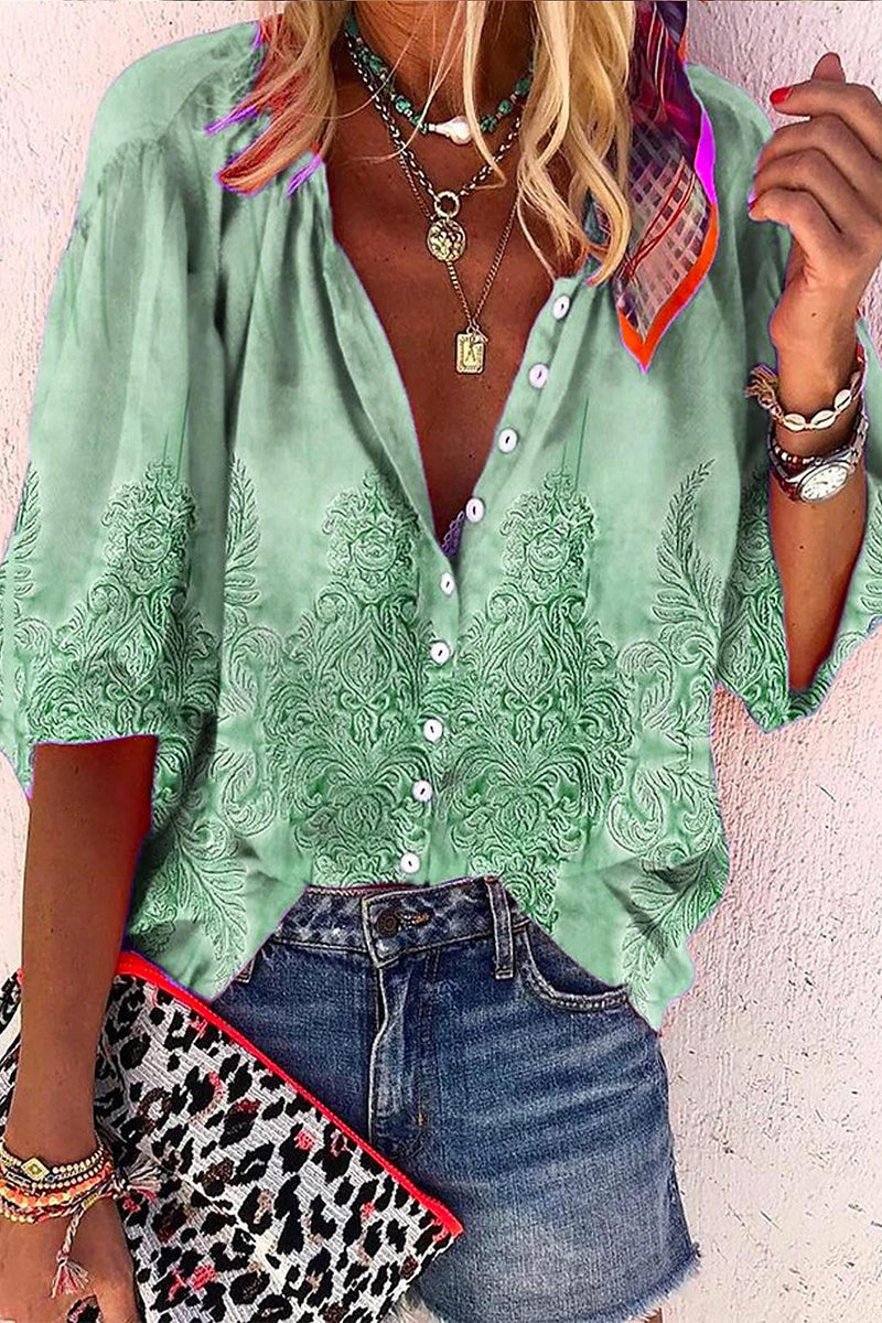 Daily Striped Print Buttons Contrast V Neck Blouses(8 Colors)
