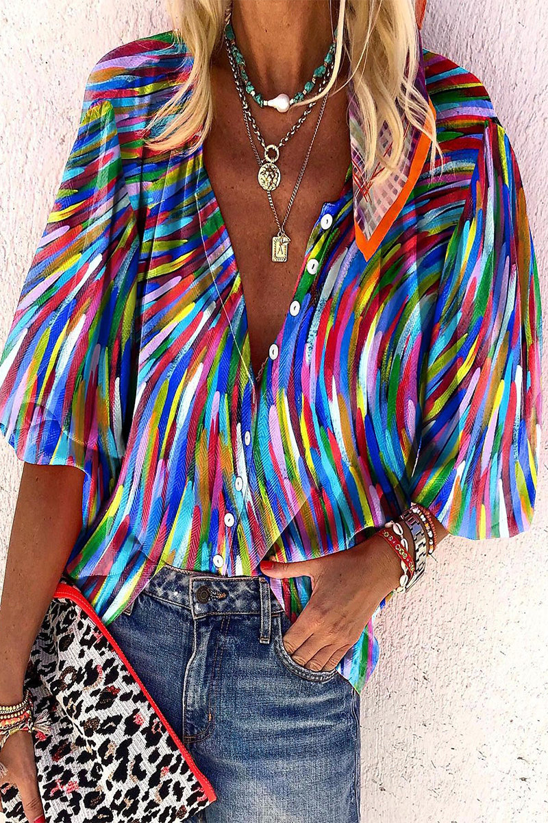 Daily Striped Print Buttons Contrast V Neck Blouses(8 Colors)