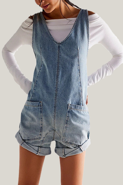 Daily Gradient Print Pocket Contrast V Neck Sleeveless Straight Denim Jumpsuits