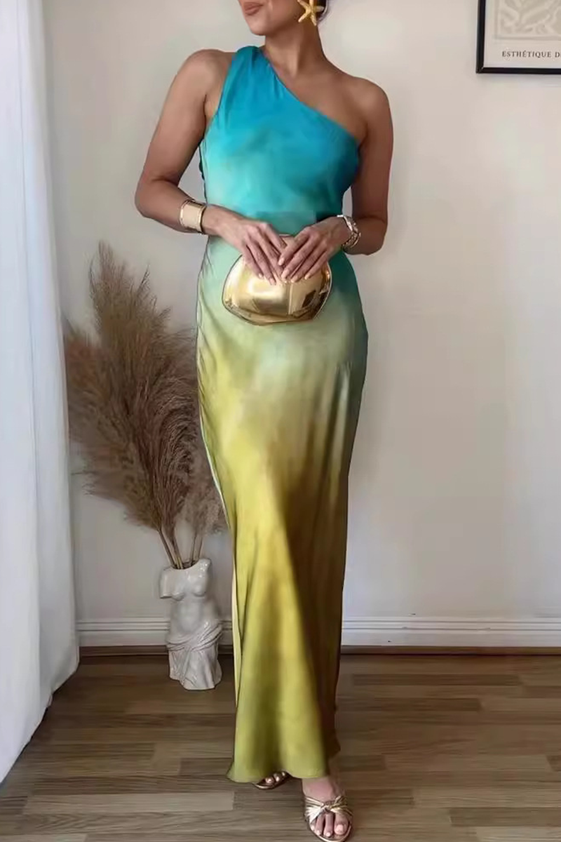 Gradient Print Backless Contrast Sloping Shoulder One Step Skirt Dresses