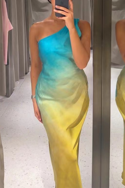 Gradient Print Backless Contrast Sloping Shoulder One Step Skirt Dresses