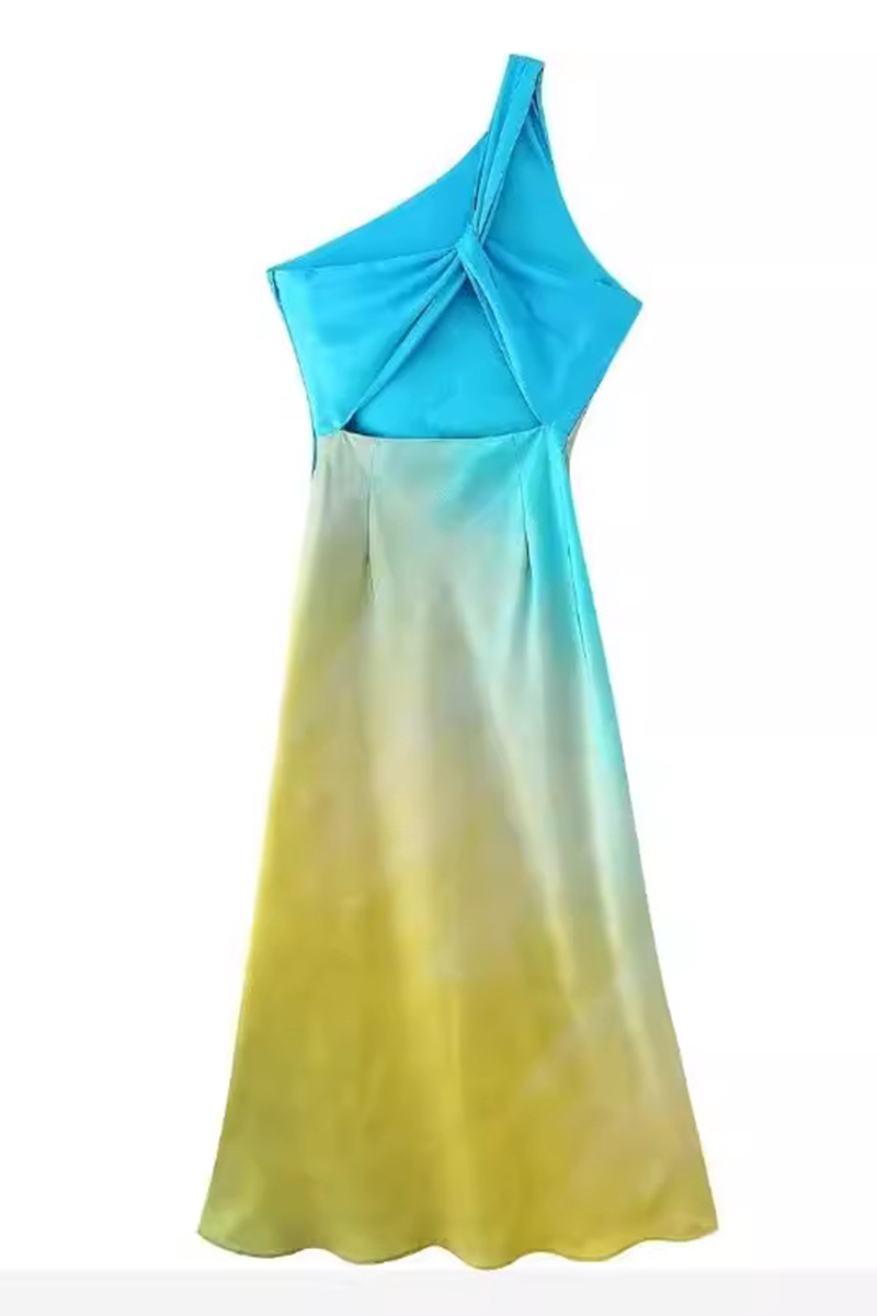 Gradient Print Backless Contrast Sloping Shoulder One Step Skirt Dresses