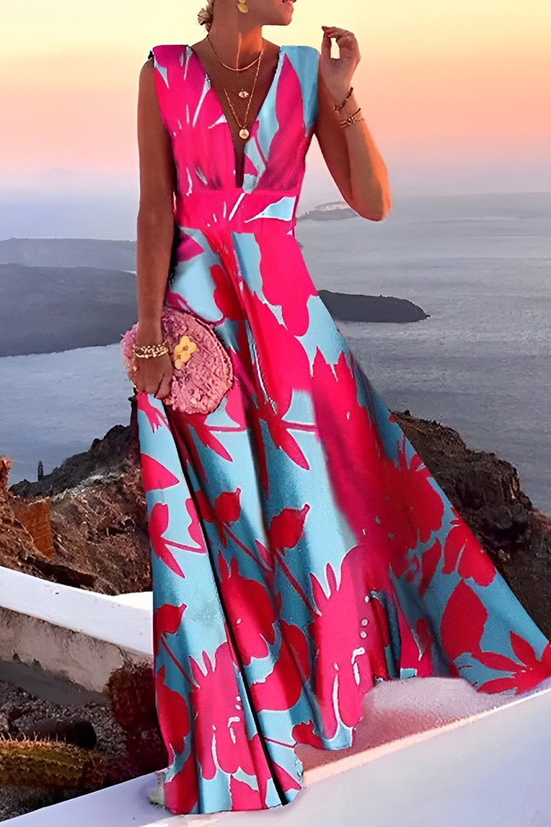 Print Patchwork V Neck Cake Skirt Dresses(5 Colors)
