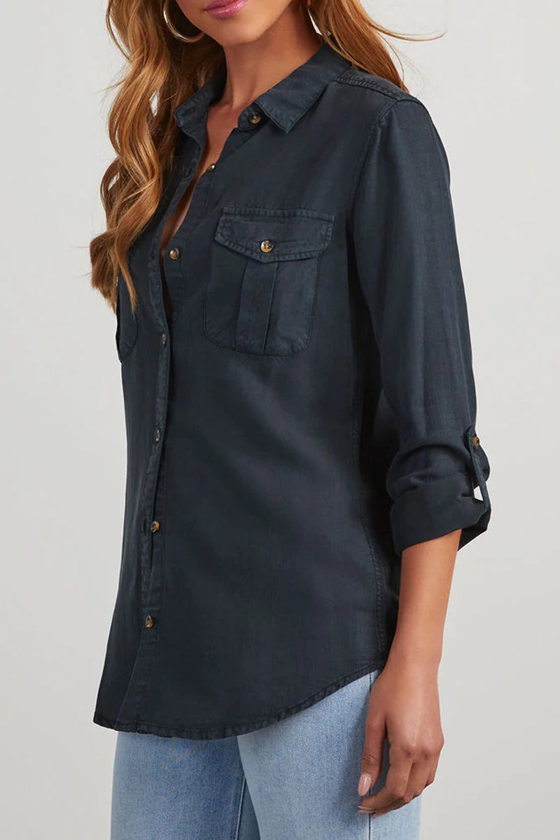 Daily Pocket Buttons Turndown Collar Blouses(4 Colors)