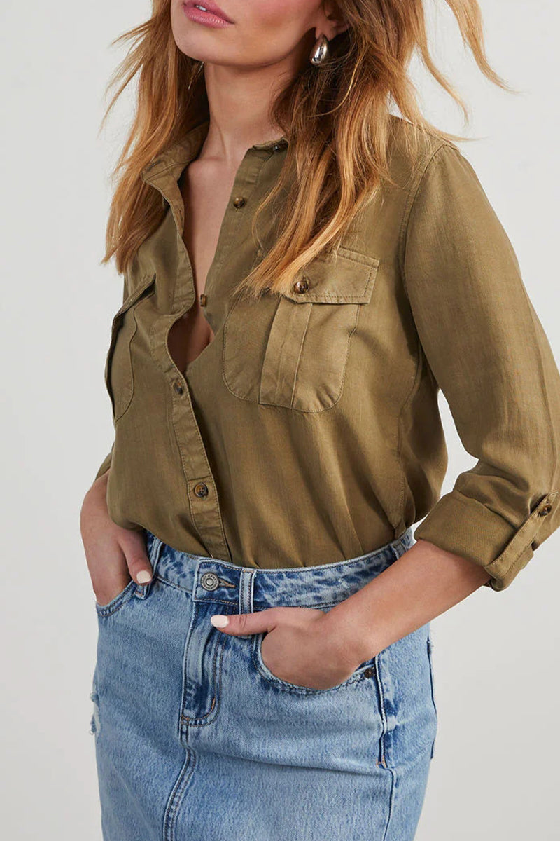 Daily Pocket Buttons Turndown Collar Blouses(4 Colors)