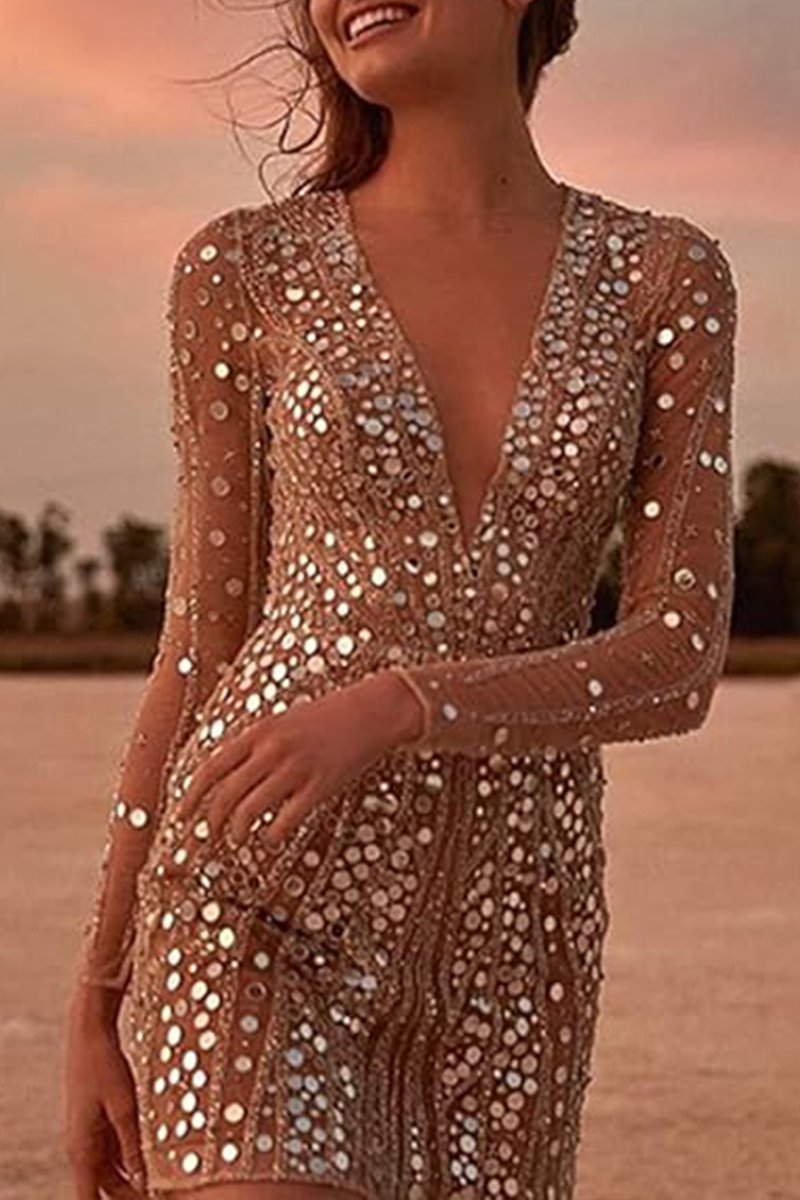 Patchwork Sequins See-through Mesh V Neck Pencil Skirt Dresses