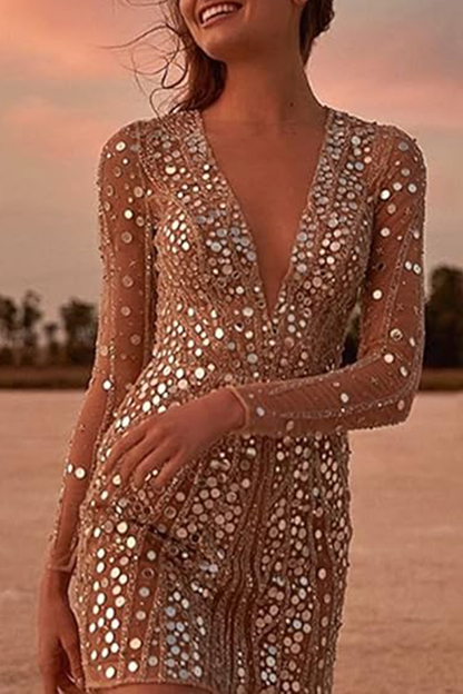 Patchwork Sequins See-through Mesh V Neck Pencil Skirt Dresses